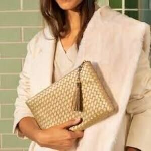 NWT Virginia Woolf gold mimi woven clutch